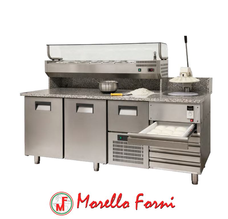 Pizzarella intégrée dans le banc à pizza